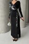 Black Gold Patterned Double-Breasted Long Evening Dress - 6