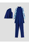Navy Blue Stand Collar Patterned Women's Hijab Swimsuit Set - 5