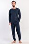 Men's Navy Blue Long Sleeve Crew Neck Combed Cotton Pajama Set C7T5N0405