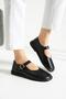 Cassiel Genuine Leather Adjustable Buckle Detailed Women's Lofer Black Leather - 2