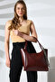 Burgundy Women's Leather Shoulder Bag – Stylish and Spacious Model with Leopard Scarf Detail - 5