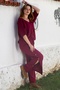 Wine Red V-Neck Batwing Sleeve Buttoned Slim Gathered Casual Cotton Woven Bottom Top Set 60-102 70-65 - 6