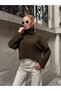 Turtleneck Corded Fabric Knitwear Oversized Sleeve Curled Detail Khaki Color Crop Sweater - 5