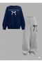 Girl's Navy Blue Crew Neck Just a Girl Printed Sweatshirt- Gray Loose Fit Tracksuit Set