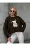 Rabbit Printed Crew Neck Sweater Oversized Khaki Colored Sweater - 9