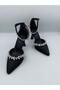 ALLYS Black Satin Women's Shoes with Crystal Stone Details, 9 cm Heel - 2