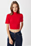 Mock Neck Crop Corded Fabric Knitted Blouse Lub0295 Red - 2