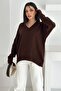 Women's Brown V-Neck Standard Size Oversize Basic Knitwear Sweater - 2