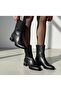Women's Black Leather Plain 3 cm Heeled Waterproof Long Boots Nk1156