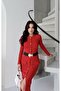 Red Buttoned Dress with Elastic Waist Detail - 2
