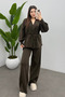 Women's Brown Waist Tassel Lace-Up Detailed Cardigan Pants Two-Piece Knitwear Set - 3