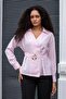 Women's Silky Textured Lycra-Free Modal Fabric Collared Wrap Belted Stylish Blouse-Pink - 3