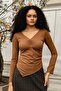 Women's Stretch Fabric Flexible Lightweight Shiny Fabric V-Neck Shirred Long Sleeve Asymmetrical Blouse-Brown - 2