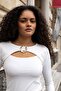 Women's Stretch Fabric Stretchy Fabric Wide Crew Neck Low-Cut Blouse with Accessories on the Front-Cream - 3