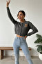 Women's Süzene Teddy Bear Embroidered Anthracite Cardigan - 3