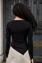 Women's Stretch Fabric Flexible Lightweight Shiny Fabric V-Neck Shirring Long Sleeve Asymmetrical Blouse-Black - 5