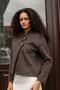 Women's Fur Cashmere Mock Neck Short Coat-Dark Brown - 2