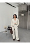 Women's Cream Striped Detail Zippered Cardigan and Pants Knitwear Set - 3