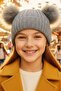 Girl's 6 - 14 Years Old Corded Fabric Beanies with Pompoms Children's Beanie