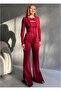 Women's Burgundy Crew Neck Low-Cut Blouse and Flared Pants - 2