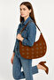 Tan Suede Women's Shoulder Bag with Eyelet Detail