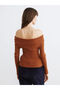 Brown Boat Neck Drawstring Women's Knit Sweater from Plus-Store - 4