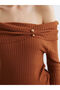 Brown Boat Neck Drawstring Women's Knit Sweater from Plus-Store - 3