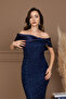 Sequin Satin Boat Neck Pencil Long Dress - Dark Blue - 5