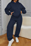 Women's Gray and Navy Blue 2-Piece Oversized Hooded Tracksuit Set Winter Cotton Lined - 4