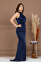 Glittery Halter Neck Tie-Detail Long Evening Dress - Dark Blue - 6