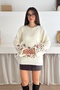 Women's White Floral Embroidered Knit Sweater Standard Size Balloon Sleeve - 5