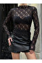 Women's Black Half Turtleneck Long Sleeve Bodycon See-Through Lace Tulle Bodysuit Blouse