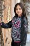 Girl's V Cool Writing Printed Sweatshirt Zebra and Pink Striped Detail Leather Tracksuit Set - 4
