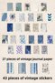 Vintage Journal Notebook Set, Vintage Notebook Set Blue, 27 Vintage Papers, 30 Vintage Stickers - 3