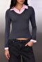 Antrasit Ekose/Kareli Fitted/Vücuda Oturan Dokuma Detaylı Örme Bluz TWOAW26BZ00008 - 3