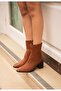 Women's Suede Tan Thick Heeled Zippered Short Heeled Boots