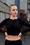 Women's Cotton Basic Long Sleeve Reverse Stitch Crop Top Black - 3
