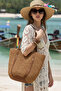 Oval Leather Base Leather and Straw Handle Snap Fastener Lined Soft Beach Imported Straw Bag - 2