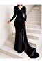 Velvet Stretch Fabric Double Breasted Neckline Front Sleeve Pearl Detailing Tail Evening Dress 582324 Black