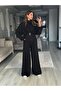 Women's Black Belted Modal Fabric Two-Piece Set – Wide-Leg Pants and Zippered Top 7538