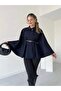 Women's Navy Blue Judge Collar Belted Cashmere Poncho 15732 - 3