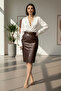 Women's Leather Skirt with Front Slit Detail, Bitter Brown - 2