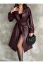 Women's Belted Burgundy Leather Trench Coat - 3