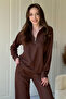 Zippered Stand Collar Thessaloniki Fabric Brown Sweatshirt Set - 2