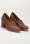 Women's genuine leather piping heeled shoes - walnut - 4