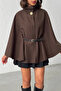 Women's Brown Gold Button and Belt Detailed Cashmere Poncho Jacket - 3