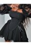 Stretch Fabric Lace and Scuba Fabric Dress with Shirring, Ladder Lace and Eyelet Details - 3
