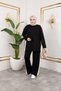 Women's Black Crew Neck Side Stripe and Pants Pocket Bottom-Top Two-Piece Set