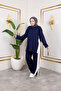 Women's Efsa Navy Blue Crew Neck Side Stripe and Bottom-Top Two-Piece Set with Trouser Pockets - 4
