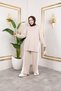 Women's Beige Crew Neck Side Stripe and Bottom-Top Two-Piece Set with Trouser Pockets - 6